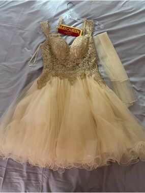 May Queen Gold-Embellished Cream Tulle Party Dress for Girls